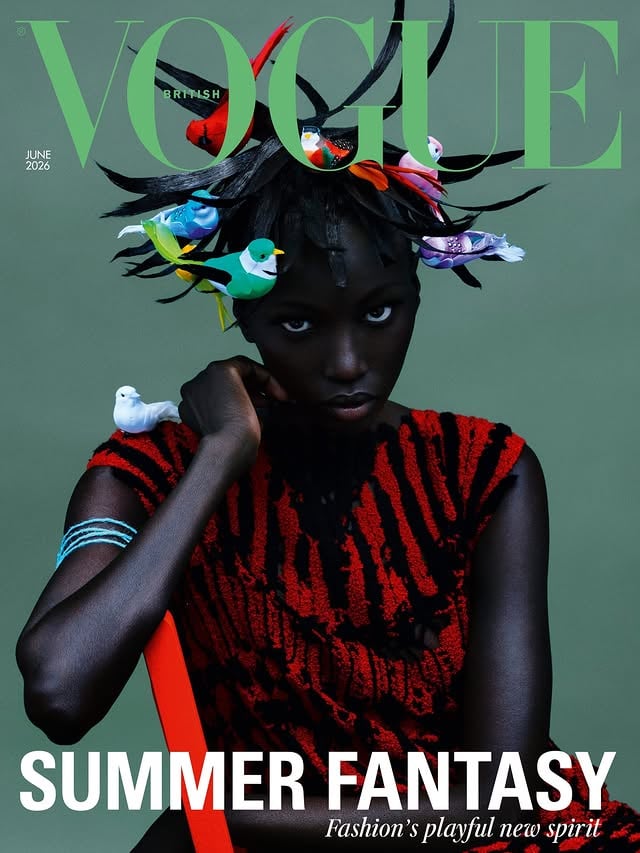 After a terrifying brush with death, model of the year @AnokYai thought her career was over. But now, back in front of the camera and with a renewed set of priorities, the literature-and art-loving 28-year-old stars on the June 2026 cover of #BritishVogue, and tells @FunmiFetto how she’s rebuilding a life in colour. Click the link in bio to read the interview, and see the full story in the new issue, on newsstands Tuesday 19 May. #AnokYai wears all @ChanelOfficial, photographed by @RafaelPavarotti_ and styled by @KPhelan123, with hair by @JawaraW, make-up by @PeterPhilipsMakeup, nails by @AnatoleRainey, tailoring by @NicolasGuichard_, set design by @MaryHoward_SetDesign and production by @NorthSix.[Image Description: Image shows Anok Yai in close up, seated wearing a black and red dress, and photographed against a green backdrop with bird details visible in her hair and at her shoulder. Above her head, the Vogue strapline in a lighter shade of green. The cover line reads: Summer Fantasy: Fashion’s Playful New Spirit.”] by @anokyai