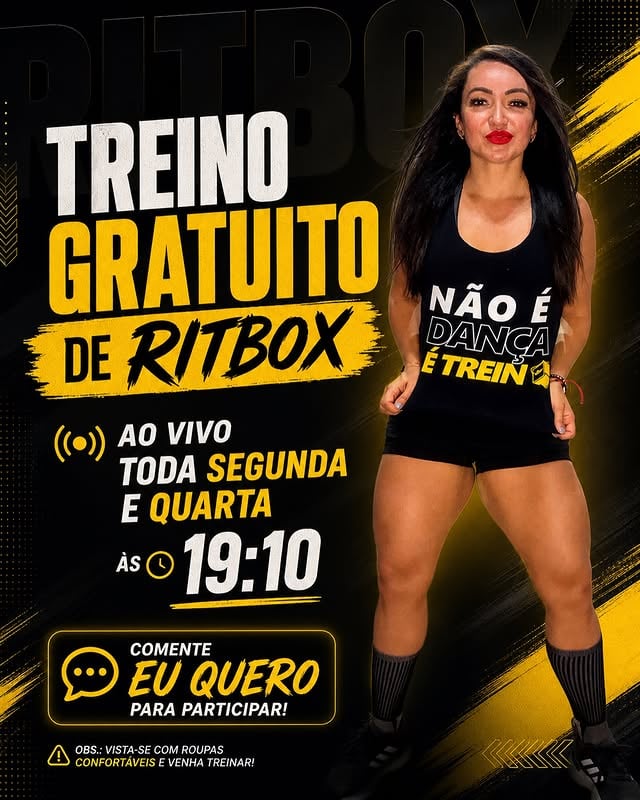 🔥 TREINO GRATUITO DE RITBOX 🔥Quer treinar comigo AO VIVO e sentir a energia do Ritbox na prática? 💥📅 Toda segunda e quarta⏰ Às 19:10⚠️ O acesso é exclusivo!O link da aula é enviado poucos minutos antes no GRUPO VIP 👇👉 Comente EU QUERO que eu te envio o acesso!Bora sair do sedentarismo e começar a treinar de verdade! 🚀 by @brunabecker_rtbx