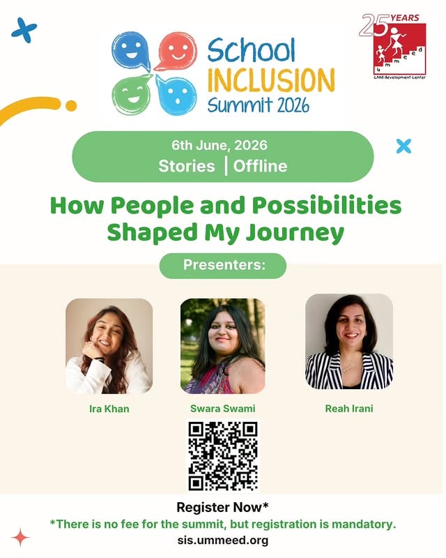 Meet the presenters of the School Inclusion Summit 2026!Join us in person on 6th June, 2026 as these changemakers share powerful stories about people and Possibilities.Ira khan Swara SwamiReah IraniEvent: STORIES | In-PersonRegister now at sis.ummeed.orgFree to attend, registration mandatory#InclusionMatters #SchoolInclusionSummit #EducationForAll #InclusiveSpaces #StorytellingForChange by @khan.ira