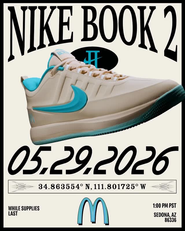 serving early access to the Nike Book 2 Mcdonald’spull up to the turquoise arches on 5.29 @ 1 pm PST for a chance to cop. be on the lookout for a special surprise34.863554° N, 111.801725° W by @mcdonalds
