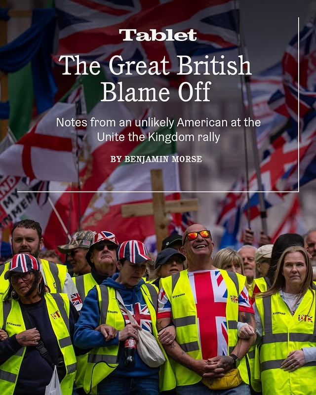 At Britain’s Unite the Kingdom rally, an unlikely American met teachers, immigrants, feminists, and former Labour voters who feel abandoned by the political class and ignored as their country changes around them.⁠⁠Head to link in bio to read in full. by @tabletmag
