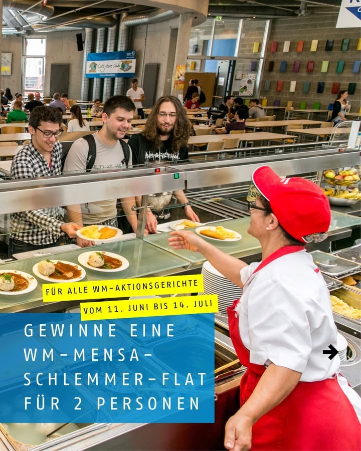 🍽️ GEWINNSPIEL 🍽️

Gemeinsam mit dem @stw_augsburg verlosen wir eine WM-Mensa-Schlemmer-Flat für zwei Personen.

Das bedeutet, dass die Gewinnerin bzw. der Gewinner alle WM-Aktionsgerichte in der Mensa genießen kann und jedes Mal eine Begleitperson ihrer/seiner Wahl mitbringen darf.

So nimmst du teil:
👉 Folge @hskempten.
👉 Verrate uns in den Kommentaren, mit wem du die „WM-Mensa-Schlemmer-Flat” teilen würdest.

Wir losen die Gewinnerin oder den Gewinner am 8. Juni 2026 aus und benachrichtigen sie oder ihn per Direktnachricht.

Teilnahmeberechtigt sind Studierende der Hochschule Kempten mit gültiger Campus Card.

Viel Glück! 🍀
\\
🍽️ COMPETITION 🍽️

Together with @stw_augsburg, we’re giving away a World Cup canteen gourmet pass for two people.

This means that the winner can enjoy all the World Cup speciality dishes in the canteen and bring along a guest of their choice each time.

How to enter:
👉 Follow @hskempten.
👉 Tell us in the comments who you would share the “World Cup Canteen Gourmet Pass” with.

We will draw the winner on 8 June 2026 and notify them via direct message.

The competition is open to students at Kempten University of Applied Sciences with a valid Campus Card.

Good luck! 🍀

#HochschuleKempten #kemptenuniversity #hskempten #studium #hochschule #mensa