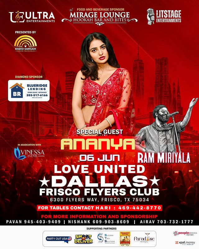 🔥 DALLAS, GET READY! 🔥The vibe is about to go next level with Ananya lighting up the stage alongside Ram Miriyala 🎤✨📍 Frisco Flyers Club📅 June 6💥 Love United DallasMusic. Energy. Unforgettable night.Don’t miss out..this is where the city comes alive!📞 Tables & Info: DM or call now#LoveUnitedDallas #DallasEvents #AnanyaLive #RamMiriyala #FriscoNights DesiEventsUSA PartyInDallas by @ananya.nagalla