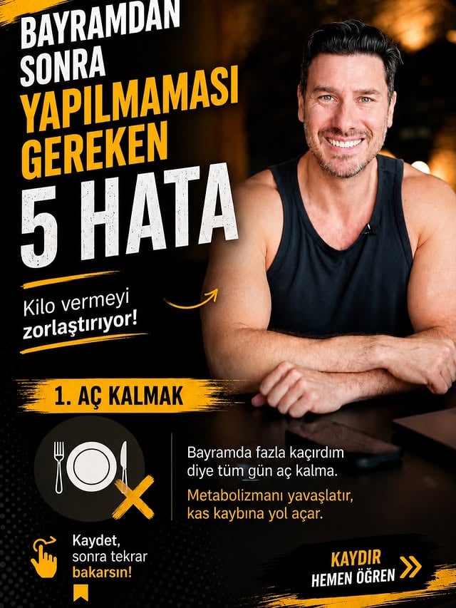 Bayram bitti diye kendini cezalandırma zamanı değil. 👇İnsanların çoğu bayram sonrası aynı hataları yapıyor:• Aç kalıyor • Saatlerce kardiyo yapıyor • Tartıdaki her şeyi yağ sanıyor • Proteini azaltıyor • Daha fazla kahveyle ayakta kalmaya çalışıyorAma bunlar kilo vermeyi kolaylaştırmıyor. Tam tersine metabolizmayı daha da yoruyor.Bu postu kaydet, haziran boyunca birlikte toparlanalım. 💪Son videomda daha detaylı anlattım. “Bayramda kilo aldıran şey…” videosunu mutlaka izle.Hazırsan yorumlara “BAŞLIYORUM” yaz 👇#kiloverme #yağyakımı #pilates #fitness #sağlıklıyaşam diyet metabolizma protein egzersiz akinSaatci by @akin.saatci
