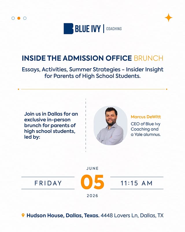 Join Blue Ivy Coaching in Dallas for an exclusive brunch for parents of high school students, led by Marcus DeWitt, CEO of Blue Ivy Coaching and Yale alumnus.We’ll discuss how students can strategically use their summer through impactful extracurriculars, internships, passion projects, and the right SAT/ACT preparation timeline to strengthen competitive college applications.The session will conclude with an open Q&A for families seeking clearer admissions guidance.Limited seating available. Visit our website to learn more and reserve your place.#blueivy #university #student #admission #students by @blueivycoaching