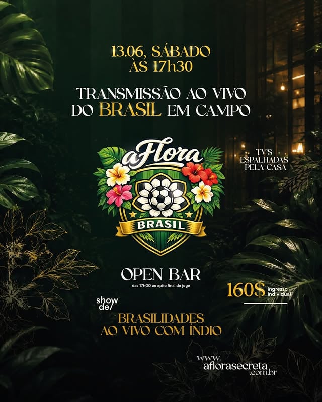 o brasil entra em campo e a aflora é o lugar certo para viver cada lance.transmissão ao vivo, open bar durante toda a partida e um show especial de brasilidades com índio para completar a experiência.13 de junho | 17h30ingresso individual: r$ 160garanta seu lugar e venha torcer com a gente. 💚💛#aflorasecreta #brasilemcampo #copa #torcidabrasileira #openbar brasilidades by @aflora.secreta
