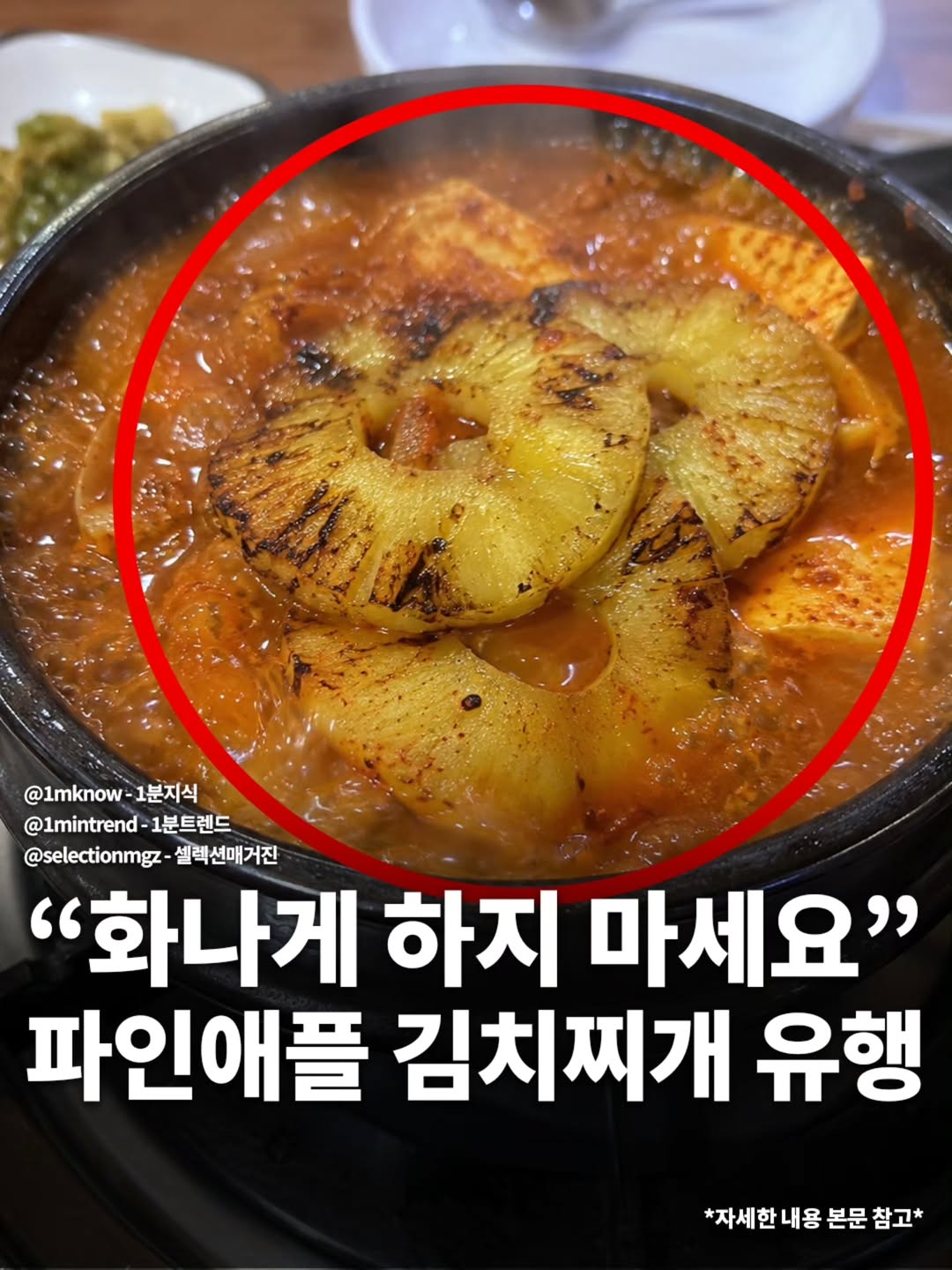✅최근, 해외에서 ‘파인애플 김치찌개’라는 낯선 조합이 관심을 끌고 있습니다.구운 파인애플과 돼지고기를 김치찌개에 넣어 끓이는 방식으로 알려졌으며, 일부 콘텐츠에서는 멕시코식 알 파스토르처럼 단맛과 매운맛을 섞은 퓨전 레시피로 소개되고 있는데요. 김치의 신맛에 파인애플의 단맛, 구운 향이 더해져 의외로 어울린다는 반응도 나오고 있는 것으로 알려졌죠.이를 본 국내 네티즌들은 “하와이안 피자의 김치찌개 버전 아니냐” “화나게 하지 마세요 정말” “엄마가 먹는 걸로 장난치지 말랬어” 등 재밌는 반응들을 보이고 있는데, 여러분은 어떻게 생각하나요?@cityano.daily @maylongallery📸 : @selectionmgz*AI를 활용해 재구성한 콘텐츠가 포함됩니다.✅가장 빠른 소식은?➡️ @selectionmgz 팔로우 + 즐찾!#이슈 #유머 by @cityano