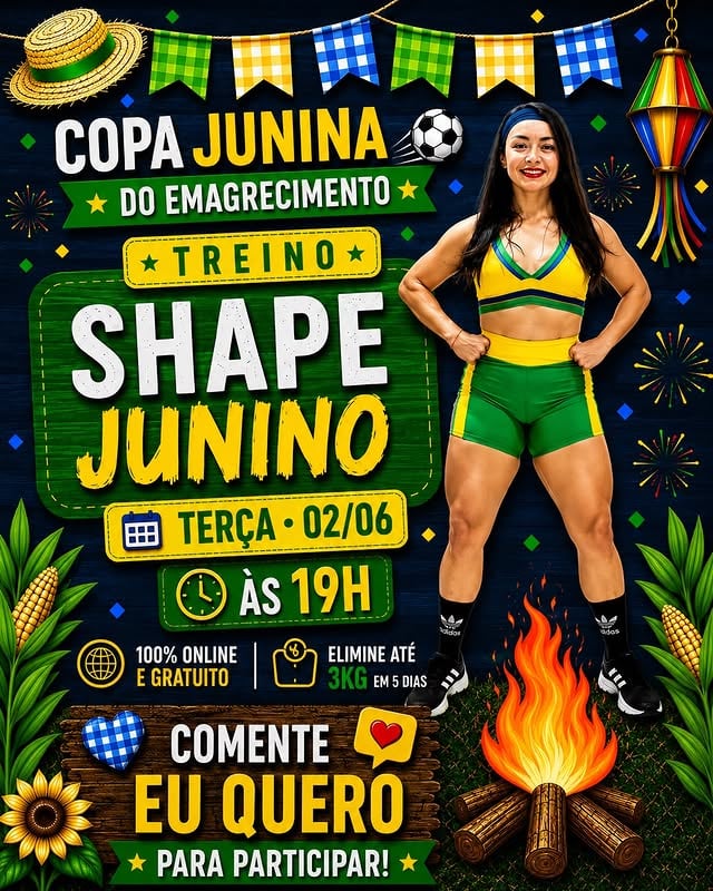 🚨 É HOJE! 🚨Chegou o dia do nosso treino SHAPE JUNINO 🔥🇧🇷Hoje, às 19h (horário de Brasília), vamos fazer um treino intenso, divertido e perfeito para acelerar a queima de calorias e dar mais um passo rumo ao seu objetivo!✅ 100% online✅ Gratuito✅ Disponível por 24h para quem não conseguir fazer ao vivoSe você já está no grupo oficial, prepare sua garrafinha de água e seu espaço para treinar! 💦Ainda não está participando? Comente “EU QUERO” que eu te envio o link do grupo! 👇🏽🔥 by @brunabecker_rtbx