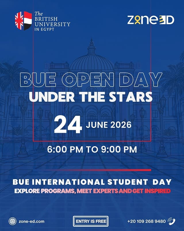 🎓 Join BUE Open Day – For International Students & Families in Egypt!If you are a Sudanese, Libyan, Palestinian, Syrian, Iraqi, Nigerian, or any international student currently living in Egypt, you are warmly invited to explore opportunities at British University in Egypt.Discover what makes The British University in Egypt (BUE) one of the most diverse and international academic communities in the country.📅 Date: 24 June 2026⏰ Time: 6:00 PM – 9:00 PM📍 Location: BUE Campus, El Shorouk CityWhat to expect:- Explore available academic programs- Learn about admission requirements and how to apply- Meet the admissions and registration team- Connect with current students and experience student life- Get a feel for BUE’s multicultural campus environment🚌 Free transportation will be available for all registered attendees.🎁 Exclusive Offer: Apply on the day and enjoy a 5% tuition discount.Entry is free — Register now from the link in our bio! by @thebritishuniversityinegypt