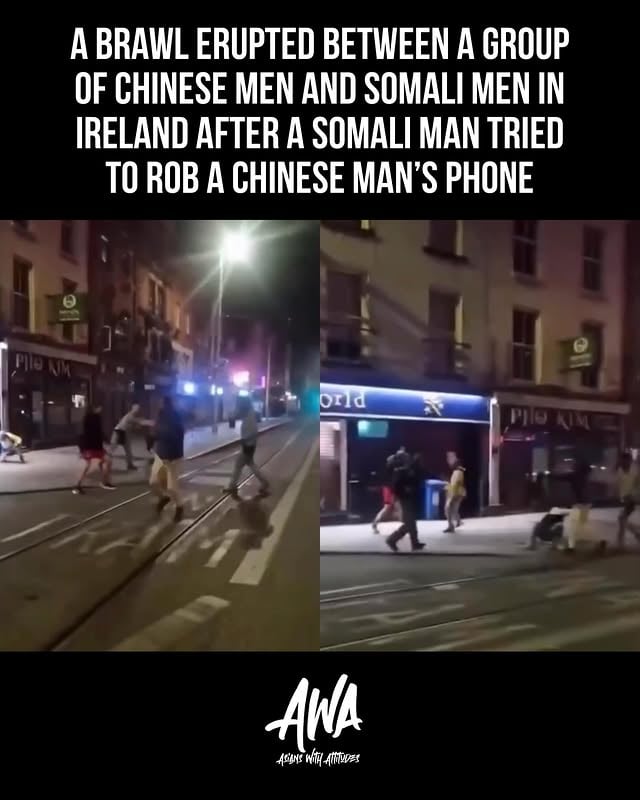 A brawl erupted between a group of Chinese men and Somali men in Ireland. The confrontation happened when one of the Somali man tried to snatch the phone of the Chinese man (red shorts) the Chinese man in (red shorts) refused to back down and fight ensued.