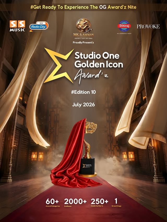 The Wait Is Over To Experience The OG Movie Award’z Nite In The Town!

The Award Goes Tooo!

The @studiooneincentertainments Next Biggest!

@maethirajulunaidu 

MK & Amman Productions
@mustafa_khan_malaysia 

Proudly Present’z 

Studio One Golden Icon’z🥇
#Edition 10

In Association With!
@ssmusicofficial 
@radiocitytamil_ 
@provokelifestylemagazine 

July 2026 | Chennai 

It’s Time To Celebrate Our 
Kollywood Industry!

Let’z The Celebration Begin⚡️

#awards #award #awardwinning #music film awardshow events business event love winner fashion art instagram redcarpet awardsnight recognition winners design actor filmfestival photography india hollywood leadership trophies cinema trophy explore actress