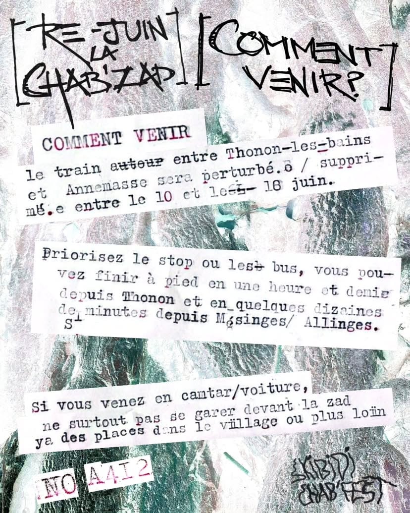 ⚠️ Précision concernant la fausse identité : pour les passagèr.es donner une fausse id peut fonctionner mais expose potentiellement a des risque de verifs pouvant déboucher sur une Gav, donc faites comme vous le sentez surtout!! Ceci étant dit Re-Juin la Chab dès demain pour 2 semaines de festivités à la Zad ! 🏕️Attention aux keufs pendant la durée du G7, on revient sur quelques points anti-rep dans la zone. 🚓💥🐘Info Traflic disponible via Signal avec ce lien (et dans la bio) :https://signal.group/#CjQKIB1vBEMEHWDy52MOEvmAisuPmfeN1EXrFyGh9emRnl7lEhBd7bckgMnvm0PzFBmUf5iz by @chab_zad_bu