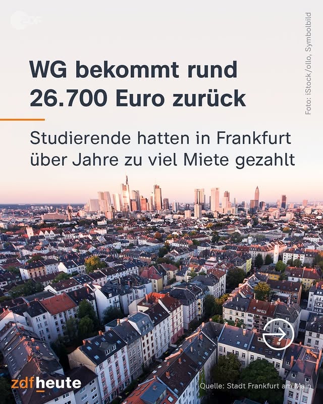 Eine WG in Frankfurt hat rund 26.700 Euro Miete zurückerstattet bekommen. Die Studierenden hatten von Oktober 2021 bis Juni 2025 deutlich mehr Miete zahlen müssen als erlaubt, teilte die Stadt Frankfurt am Main mit. 

Für die 95-Quadratmeter-Wohnung im Stadtteil Nordend verlangte eine ausländische Immobiliengesellschaft demnach eine Miete, die die ortsübliche Vergleichsmiete zeitweise um bis zu 103 Prozent überstieg. 

"Dieses deutliche Missverhältnis im ohnehin stark angespannten Wohnungssegment für Studierende stellt eine klare Mietpreisüberhöhung dar", erklärte die Stadt. 

#Miete #WG #Wohnen #Frankfurt #ZDFheute