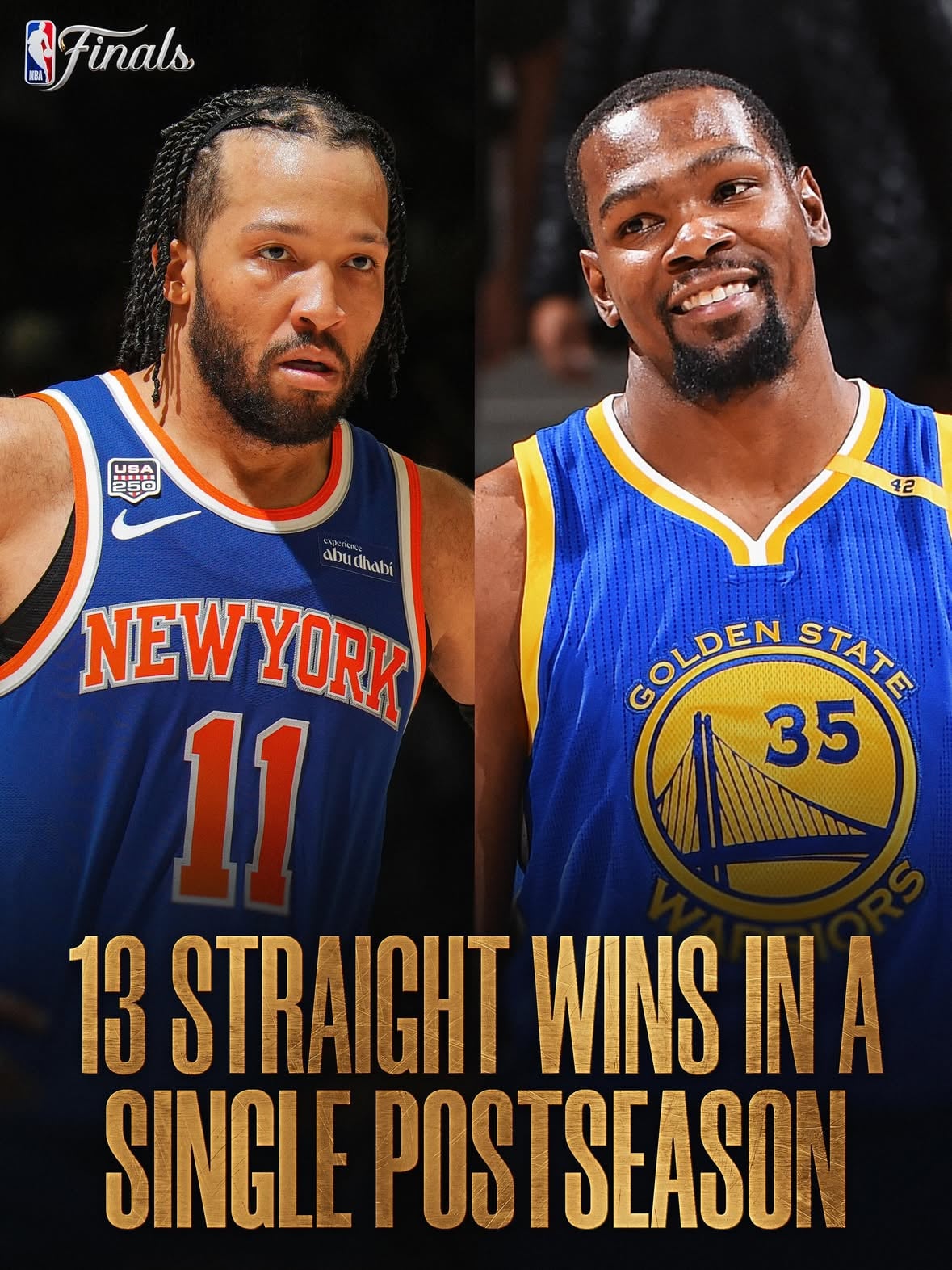 NEW YORK’S HISTORIC RUN CONTINUES 🗽

With back-to-back road wins to open the NBA Finals, the @nyknicks become just the SECOND team in NBA history to win 13 consecutive games in a single postseason, joining the 2017 Warriors (15)!

NYK (2-0) returns home for Game 3 on Monday at 8:30pm/et on ABC and ESPN 🏆