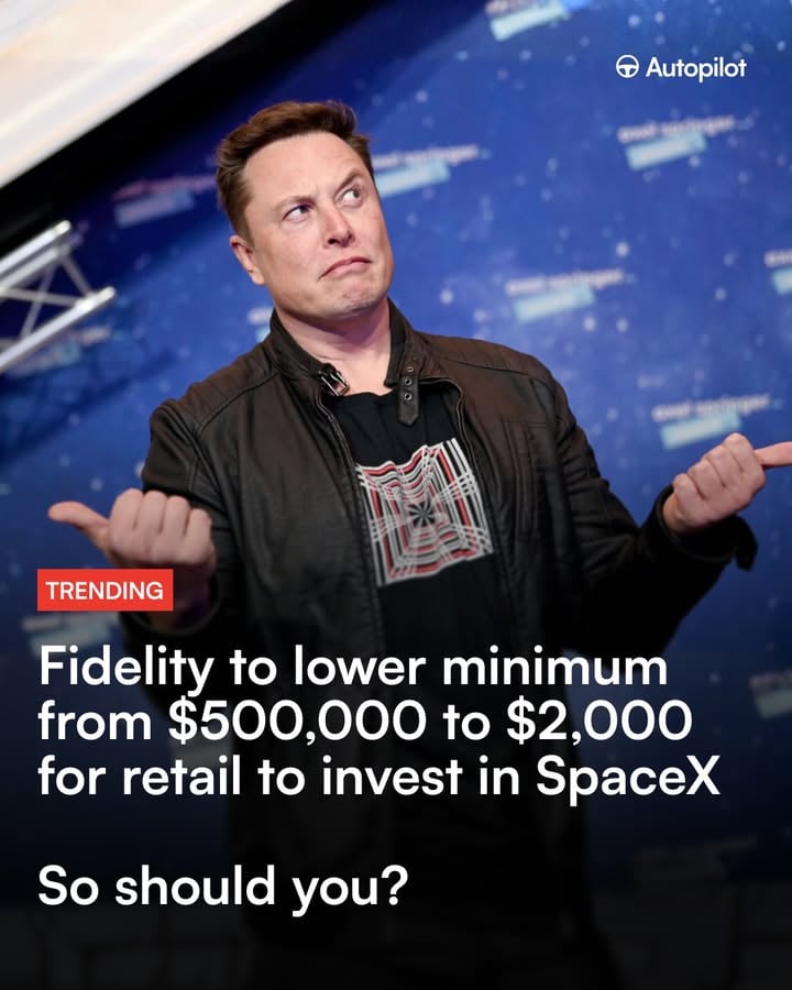 Lets talk about SpaceX... 

Thinking about joining the SpaceX IPO? Here are 4 things to consider before you go all in.

Fidelity just lowered the minimum from $500,000 to $2,000. The $75 billion IPO is reportedly already oversubscribed — and could be the largest in history.

Goldman and Morgan Stanley are projecting $470B in revenue by 2030. Here's what that picture actually looks like:

The projections come from the banks leading the deal. Goldman and Morgan Stanley published the bullish forecasts — and they're the same two banks being paid to run the IPO.
The valuation math requires near-perfect execution. SpaceX earned $18.7B last year. The company is targeting $1.75 trillion — about 93x current revenue. Apple trades at 7x.
Retail is being let in right when insiders need an exit. SpaceX has been private for 20+ years. The early investors already made their money.
The IPO is reportedly already oversubscribed — before retail buys a single share. Oversubscribed means institutions locked in demand before the doors opened to you. The valuation was set without you.
Don't know what to invest in? Find a space and AI infrastructure strategy and invest in it automatically on Autopilot. Link in bio.

Investment advice provided by Autopilot advisers LLC, an SEC registered investment advisor. Past performance does not guarantee future results. Investing carries risks including the risk of the loss of principal. Net performance shown, includes fees from Autopilot.