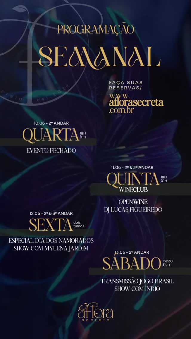 uma semana para brindar, celebrar e viver bons momentos.quinta tem wine club com open wine. sexta, uma noite especial de dia dos namorados com show de mylena jardim. sábado, transmissão do jogo do brasil e show ao vivo com índio./ faça sua reserva pelos links na bio. by @aflora.secreta