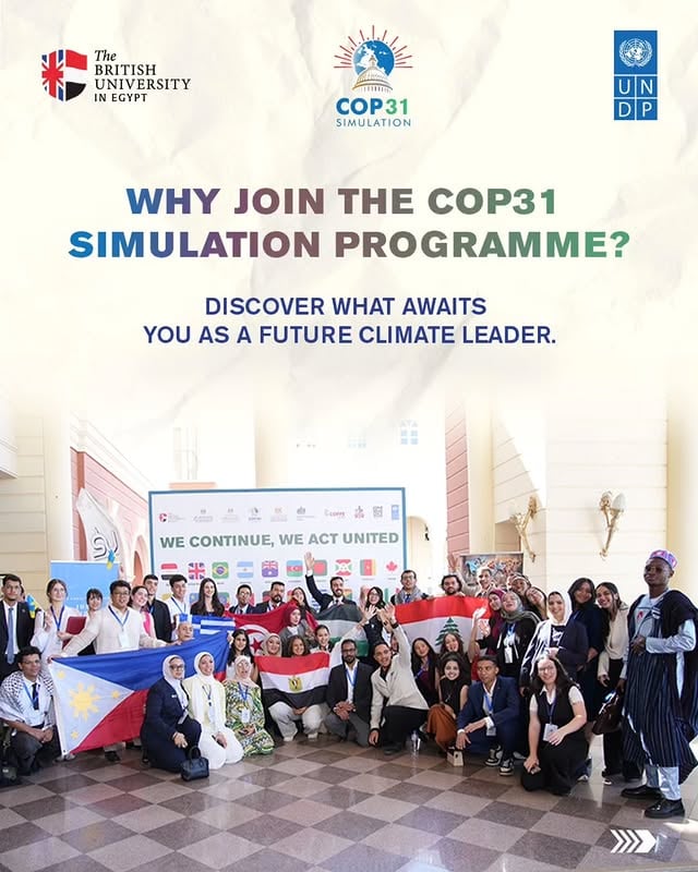 5 days remaining!Are you passionate about climate action? Do you want to experience real-world climate negotiations and get your voice heard on the global stage?Do you want to be a part of a network of 800+ global COP Simulation alumni, and so much more? Join the #COP31SimulationProgramme, organised annually by the British University in Egypt and the United Nations Development Programme (UNDP) in Egypt! Applications are open! Apply now through the link in bio.@mohamedloutfi @sarah_elkhishin @undp.egypt @chitose.noguchi @shakweerabeer @ukinegypt @egyptinuk @lsbu @lsbuglobal @manmetuni @qmuni @cardiffmet @universitiesuk @britishcouncilegypt @turkiyecop31#COP31Simulation #COP31Turkey#TheBritishUniversityinEgypt#ClimateAction by @thebritishuniversityinegypt