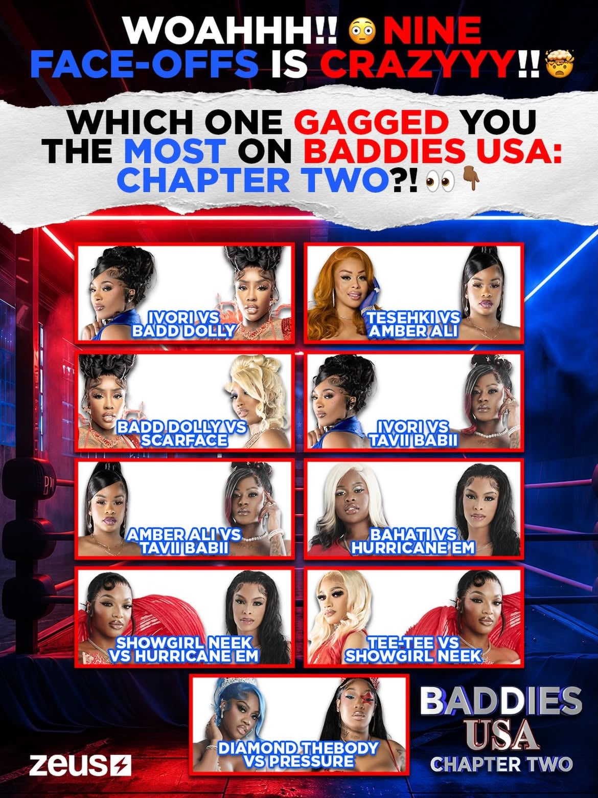 Chileee!!! 👀 From PRIVATE MEETINGS to the official HOUSE MEETING!! 😳 It was UP on #BaddiesUSAChapterTWO, y’all!! 🤯 Which FACEOFF had you GAGGED while tuning in?! 🤔 Let us know in the comments 👇🏾

Link in bio 🔗 to subscribe and tune into #BaddiesUSAChapterTWO, AIRING NOW, Only on @thezeusnetwork!! ⚡️