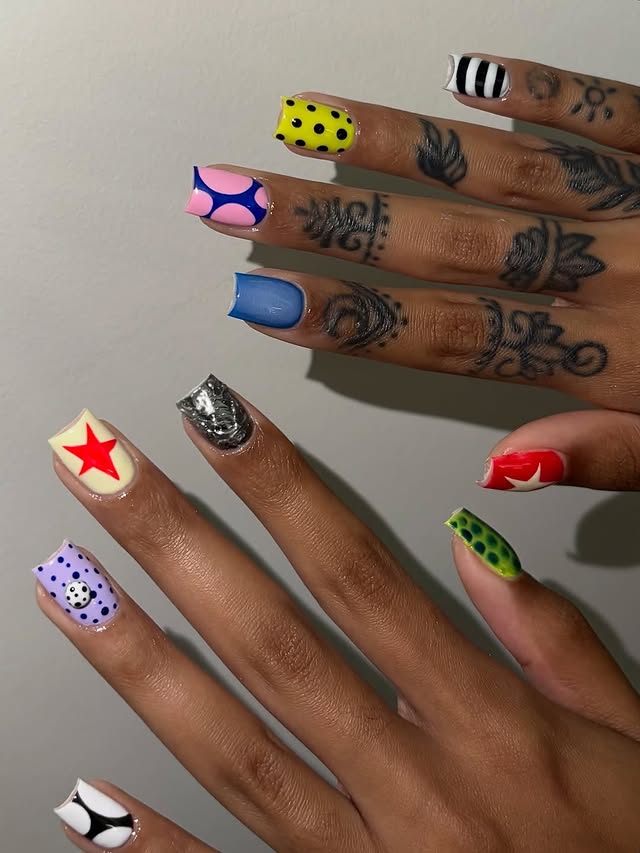 Cool Mix & Match 🪩⭐️🌹🌀Super fun nail art mix of abstract art, stars, and dots—definitely a manicure for a cool girl !Artist: @madisonamirartistry Where nail lovers link up 💅🏾 #thenailconnection #coolnails #colorfulnails #nailinspo #nailsnailsnails by @thenailconnection