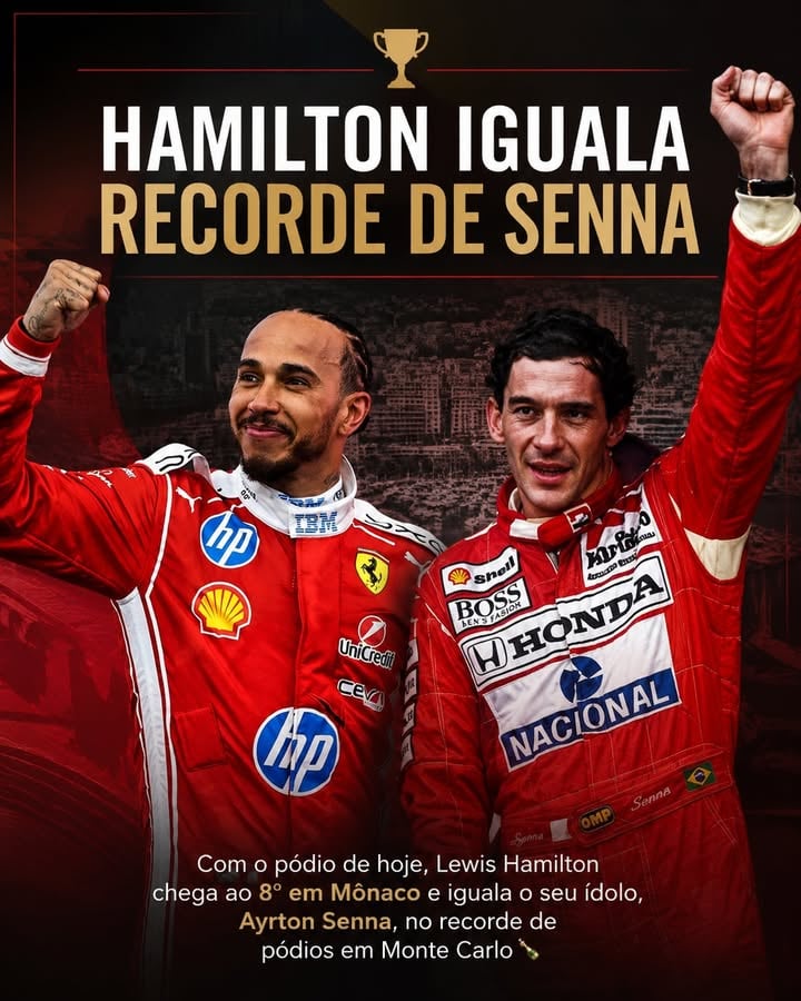 HAMILTON IGUALA RECORDE DE SENNA 🏆

Com o pódio de hoje, Lewis Hamilton chega ao 8º em Mônaco e iguala o seu ídolo, Ayrton Senna, no recorde de pódios em Monte Carlo 🍾