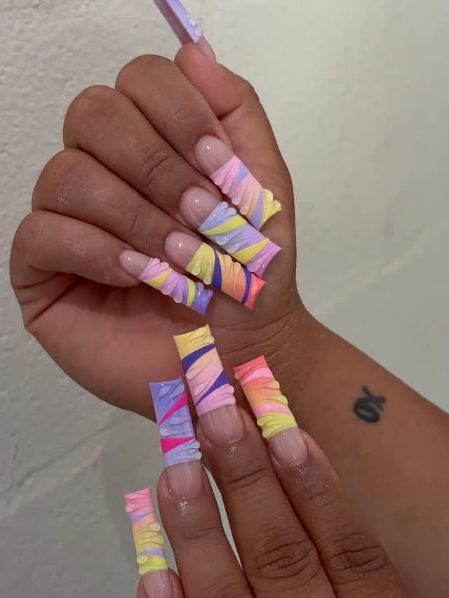 Striped Straight 🐬🦄🍬⭐️Colorful stripes on ombre straight French tips—definitely a summer set you have to try !Artist: @everythingbymarcelli Where nail lovers link up 💅🏾 #thenailconnection #colorfulnails #ombrénails #nailinspo #nailsnailsnails by @thenailconnection