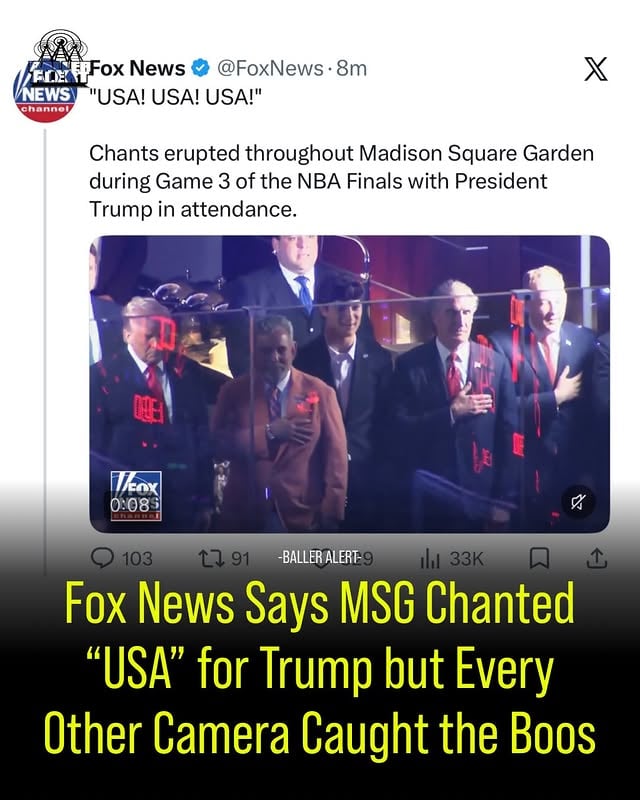Fox News really posted this with a straight face. They want y’all to believe Madison Square Garden was chanting “USA! USA!” for Trump during Game 3 of the NBA Finals, but every other outlet in the building caught something completely different. Trump was met with a sea of boos from thousands of fans, and when he was shown saluting the flag during the anthem the whole Garden erupted in boos. He got booed louder than the actual Spurs players. We are living in the twilight zone!