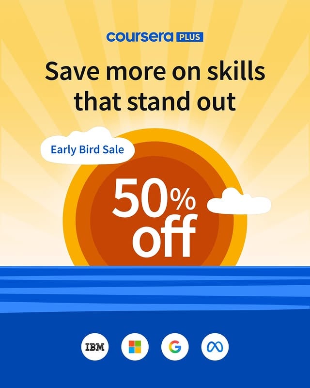 🌅 Bigger savings on Coursera Plus start now with 50% off for early birds. Whether you're building new skills, preparing for your next role, or exploring a new career path, you'll have access to programs from leading organizations like IBM, Microsoft, Google, and Meta.Save 50% when you join by June 17. After that, the price increases. Comment "PLUS" below, and we'll DM you the offer. by @coursera